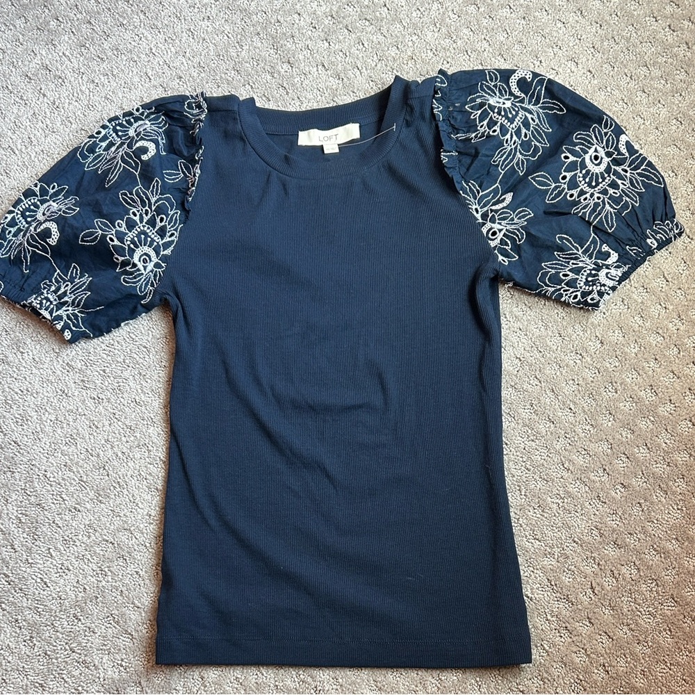 LOFT Dark Blue Top with Floral Sleeves